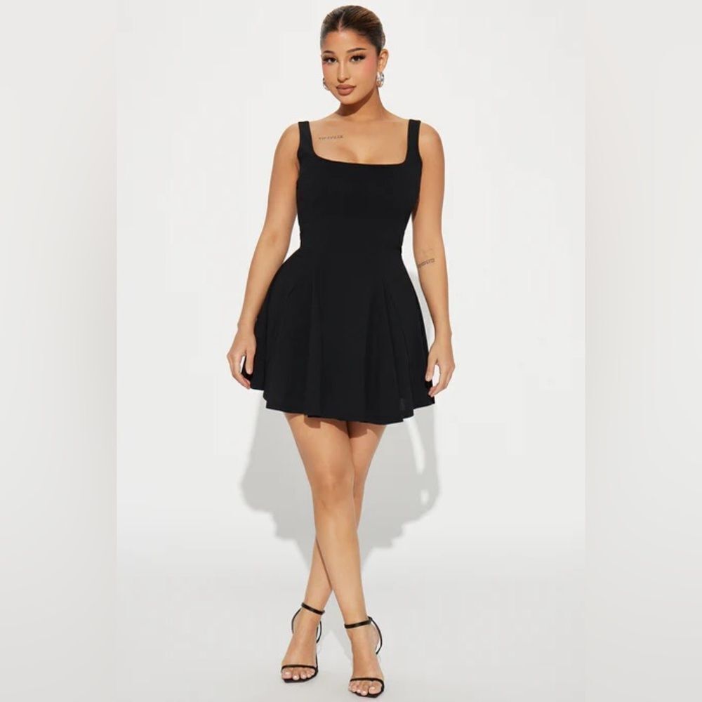 Fashion Nova Black Square Neck Fit-and-Flare Mini Dress